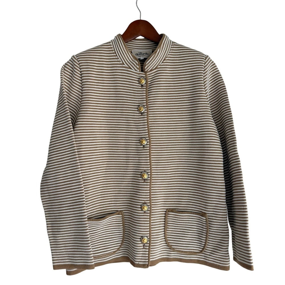 Altra‎ Italy Womens XL Merino Virgin Wool Striped Mock Neck Button Cardigan Tan